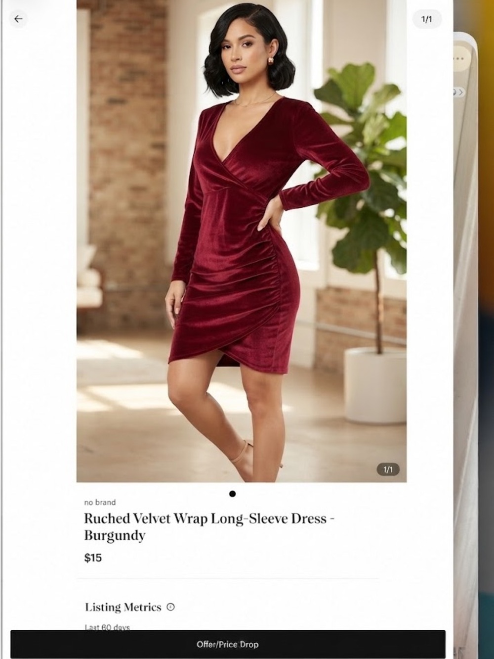 Ruched Velvet Wrap Long-Sleeve Dress - Burgundy